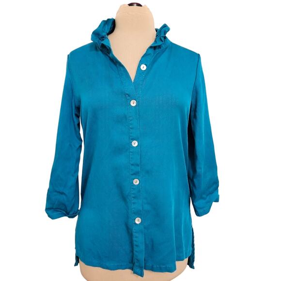 Soft Surroundings Tops - Soft Surroundings Teal Ruffle Collar Button Front Tunic Top Button Back Detail S